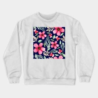 Pink Flowers | Watercolor | Pattern | Blue Crewneck Sweatshirt